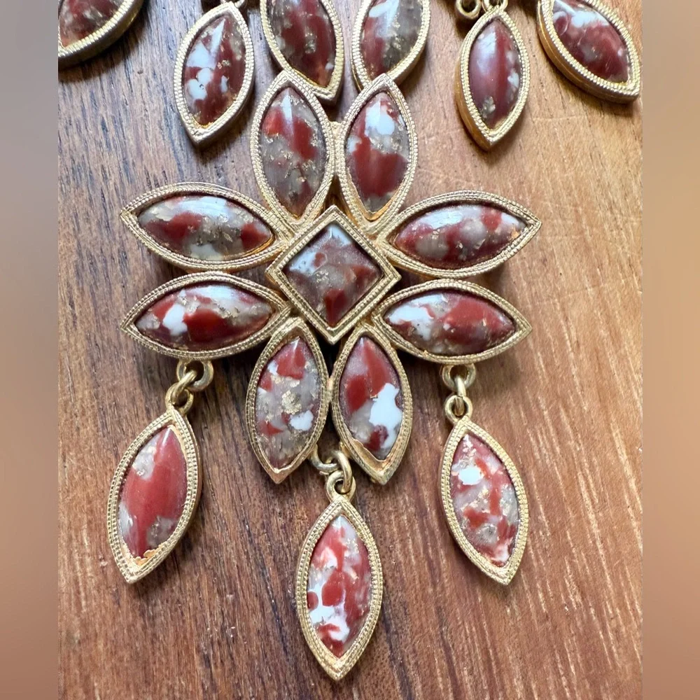 Vintage Celebrity Pin Pendant & Earrings Set Brooch Faux Marble Red Gold Stones